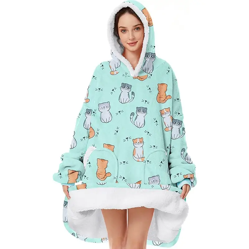 Adorable Cats Pattern Wearable Hoodie Blanket Sweatshirt for Women and Men Christmas Gifts