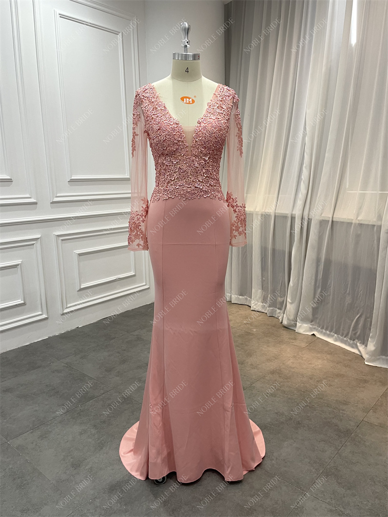 long sleeve pink formal dress Long Sleeves Pink Lace Prom Dresses, Pink Lace Long Formal Evening Dre –  jbydress main image 0