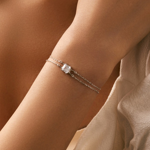 S925 Silver Chain <b>Bracelet</b> With Princess Cut Crystal Bezel Setting Minimalist Geometric Design Unisex Everyday Wear Jewelry - Product Image 3