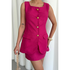 Ensemble de costume pour femme en lin jacquard, veste et jupe courte fuchsia, élégant et stylé - Product Image 6