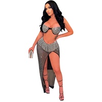 Ensemble deux pièces sexy en maille transparente avec strass, haut tube et jupe fendue longue pour soirée en boîte de nuit, été 2023