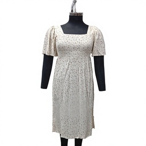 Vestido Midi de Algodón con Estampado Floral Vintage, Cuello Cuadrado, Manga Abullonada, Corte en A, Holgado, Transpirable, para Uso Diario - Product Image 1