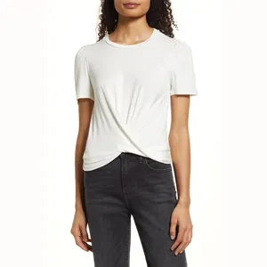 Custom Women's 94% Viscose 6% Elastane Twist Front Crewneck T Shirt High Quality New Style Viscose T-shirt for Women Ladies