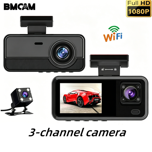BMCAM BV11 Factory Wholesaler Dash Cam 2-inch LCD Screen 1080P Loop Recording 3-channel Cameras Suction Cup Car Promotion Gift
