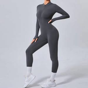 Combinaison de yoga unie à manches longues pour femme, automne-hiver, avec fermeture éclair frontale, respirante, taille haute, effet push-up, tenue de sport 1 pièce - Product Image 1