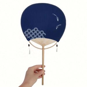 2023 Chinese Style Embroidery Round Hand Fan with Bamboo Handle Blue <b>Tie</b>-Dye Fabric Classical Folk Art Design - Product Image 2