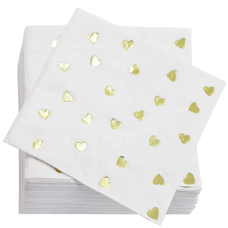 Guardanapos descartáveis de papel folha de coração de ouro branco para uso diário de festas, logotipo personalizado