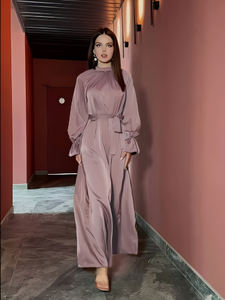 Vestido Maxi Modesto de Satén Verde Esmeralda con Cuello Alto, Manga Abullonada, Línea A, Cinturón Largo, Estilo Islámico para Ramadán, Primavera y Verano, ODM - Product Image 5