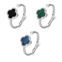 Vente en gros de bijoux pour femmes, bague ajustable en argent sterling 925 exquis avec trèfle à quatre feuilles porte-bonheur et turquoise naturelle