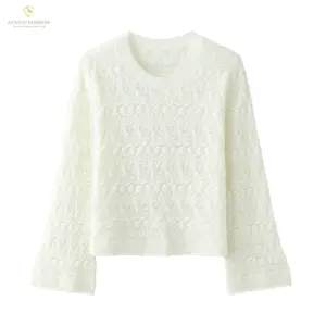 RTS White Elegant Openwork Flower Pattern Knitted Sweater Long Sleeve Fine Needle Wool Pullover Top