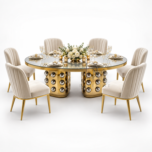 Mesa de Banquete Ovalada de Lujo con Espejo de Acero Inoxidable Dorado y Base Decorativa con Pedestal Tachonado para Eventos y Bodas - Product Image 3