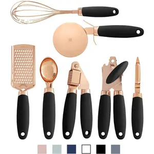 Conjunto de ferramentas de cozinha, kit de 7 peças de ferramentas de cozinha pretas com abridor de lata de sorvete descascador pizza cortador de alho