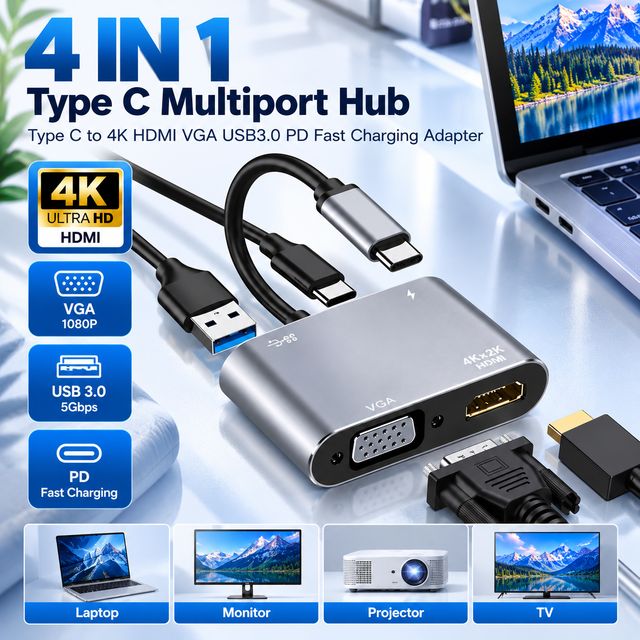 4 In1 Type C Multiport Hub Type C to 4K HDMI VGA USB3.0 PD Fast Charging Adapter Portable Plug and Play Docking Adapter for PC