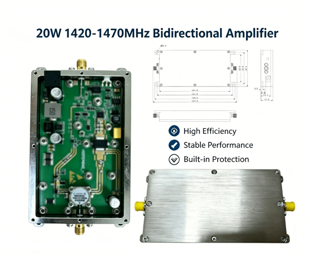 1420-1470MHz 20W RF Power Amplifier Module 1.4GHz 43dBm 1420MHz High Efficiency Wireless Communication Bidirectional Amplifiers