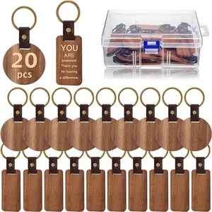 Wholesale Custom Laser Engraving Logo Beech Walnut Wood Keychain Blanks Wooden Keychain With Leather Strap And Removable Rivet