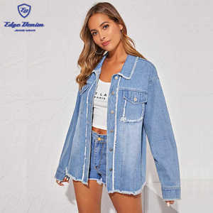 Venta caliente de color personalizado deshilachado de vaquera de manga larga novio camionero chaqueta <span class=keywords><strong>Mujer</strong></span> - Product Image 1