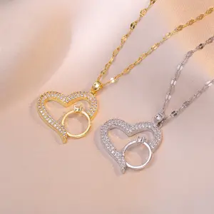Trendy Gold Plated Stainless Steel Necklace Women Charm Diamond Heart Ring Shaped Zircon Pendant Necklace