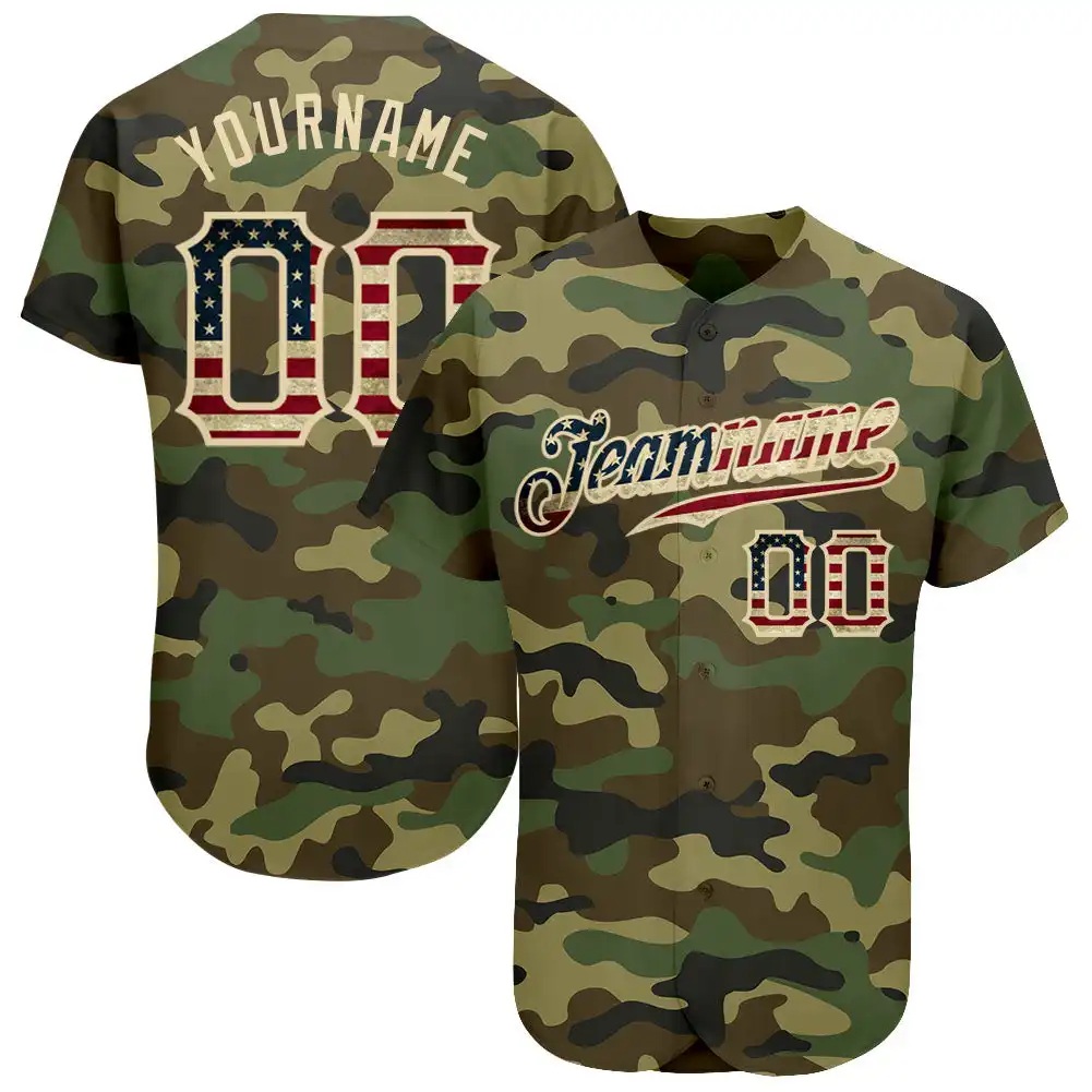 Benutzer definierte verschönerte Salute Camo Vintage USA Flagge-Creme Baseball-Trikot Großhandel Private Label Baseball-Trikots Jugend uniform