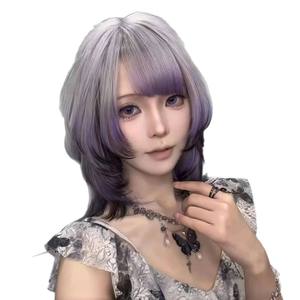 Peluca degradada gris púrpura estilo Wu Mi, larga y recta con flequillo lateral, densidad del 130%, línea de cabello natural, fibra Kanekalon - Product Image 3