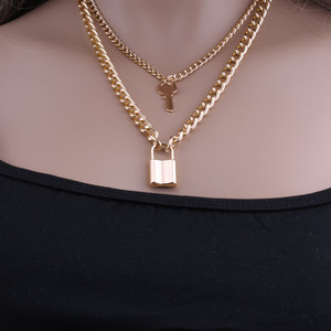 Collar en capas con colgante de llave y candado, diseño geométrico de aleación de zinc para mujer - Product Image 2