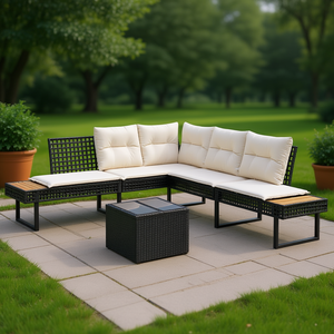Conjunto de sofá de jardín en ratán sintético negro con fundas extraíbles para uso en exteriores, 6 plazas, diseño contemporáneo - Product Image 2