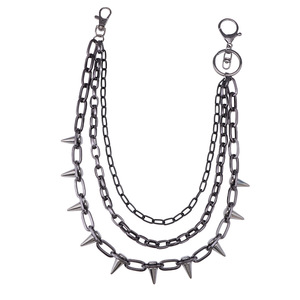 โซ่คล้องกางเกงหลายชั้นสีดำเมทัลลิกประดับหมุดและหนามแหลม โซ่คาดเอวแฟชั่นฮิปฮอปสไตล์ลำลอง วัสดุโลหะผสมสังกะสี วงแหวนคู่ - Product Image 5
