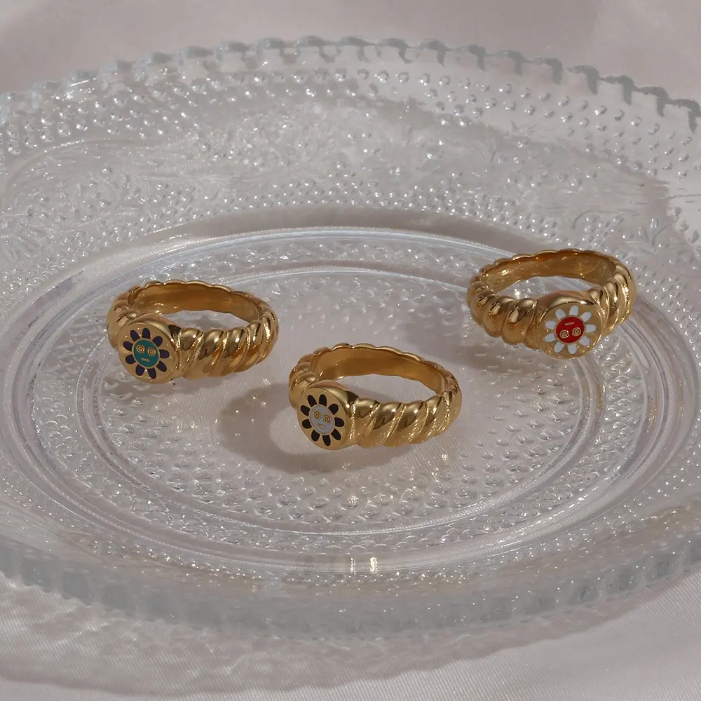 חמוד אמייל חמניות מעוות טבעת נירוסטה טבעות נשים טרנדי זהב מצופה תכשיטי 2022