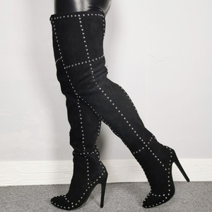 Bottes cuissardes pour femme en daim, grande taille 47, super longues, avec rivets métalliques, fermeture éclair arrière, talons aiguilles - Product Image 2