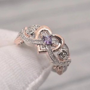 Anello F1017 a Forma di Cuore con Ametista, Argento 925, Taglio Princess, Montatura Pavé, Anello di Fidanzamento con Gemma per Donna - Product Image 2