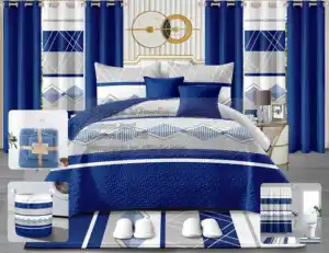 Ensembles de literie en gros rideaux assortis 24 pièces ensemble de literie rideau bleu couvre-lit ensemble King size Cal king couvre-lit