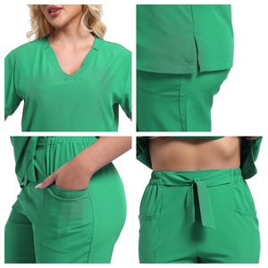 HZMNOI Women's Scrub Suit Set Green V-Neck Short Sleeve Moisture Wicking Hospital Uniforms - Product Image 2