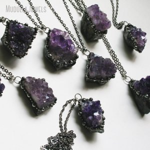 NM43796 Natural púrpura amatista cristal racimo Druzy geoda collar soldado bruja Wicca Boho Hippy Goth oculto con cadena de eslabones - Product Image 3