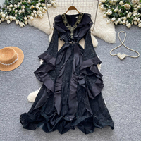 Robe longue élégante pour femme en dentelle à volants, col en V, taille perlée, fluide et étagée, pour printemps-été, invitée de mariage, soirée ou cérémonie
