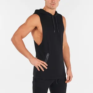 High quality blank sleeveless hoodies for men muscle fit hoodie with zip pockets black mens pullover hoodie