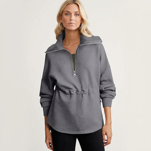 Sudadera Oversize de Mujer con Media Cremallera, Manga Larga, Cuello Redondo, Cintura con Cordón, Tejida 100% Algodón, Color Liso, para Otoño - Product Image 1