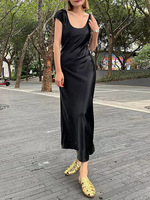 Robe de soirée élégante en satin noir à manches courtes et taille haute de haute qualité 4813