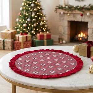 Modern Round Quilted <b>Doormat</b> Ruffle Border Pink Floral Linen Style Multi-functional Home Entry Decor - Product Image 5