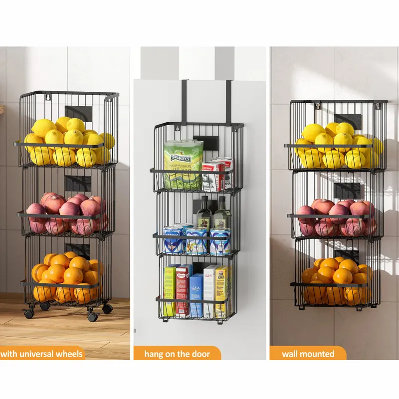 Wall mounted kitchen storage 3 tier hanging vegetable and fruit storage basket