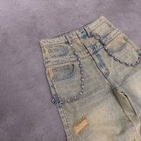 Nouveau jean baggy à double rangée de rivets, délavé à l'acide, décoloré par le soleil, double taille, déchiré, jambe large, double perles, jean délavé pour homme