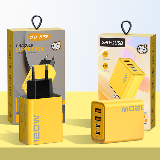 Yellow Charger 120w Usb-c 4 Port Quick Usb Wall Charger Type c Portable Module Pd Fast Usb c Gan Charger 100w