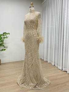 MB40329 مزخرف بتطريز رائع مطرز بالترتر دبي فاخر كوتور فستان أم العروس بأكمام مزينة بالريش - Product Image 5