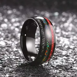 Cincin batu permata berwarna tatahan baja tahan karat dengan Set perhiasan batu meteor hitam merah untuk pesta pertunangan