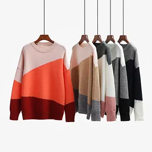 ODM/OEM Sweater Vendor High Quality Ladies Oversize Knit Pullover Crew Neck Color Block Pattern Knitted Plus Size Sweater Women