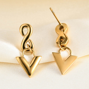 Geometric Gold Steel <b>Stud</b> <b>Earrings</b> 28Mm V Shape Infinity Design Fashion Jewelry - Product Image 3