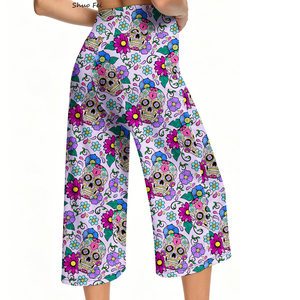 Pantalon Capri Taille Haute pour Femme, Imprimé Floral Crâne de Sucre, avec Cordon de Serrage, Motif Ethnique, Jambe Large, pour Yoga et Tenue d'Été - Product Image 2