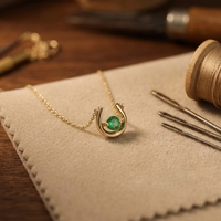 N877 Collier de Clavicule Rétro en Argent Sterling 925 Plaqué Or avec Zircon Vert en Forme de U, Motif Fer à Cheval Porte-Bonheur, Chaîne Corde Chrétienne de Luxe