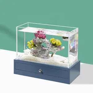 Новый дизайн, мини-аквариум, стекло высокой четкости, объём 5 л, прозрачный, betta, растения, деревянная основа, прозрачный маленький аквариум