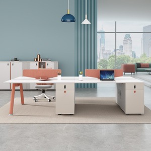 Simple Modern Four-Person Screen Computer <b>Desk</b> Office Staff Table Wooden <b>Workstation</b> With Cabinet - Product Image 4