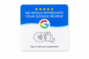 Tarjeta NFC Cuadrada para Reseñas de Google, Tarjeta de Contacto, Adhesivo con Calificación de 5 Estrellas Azul y Blanco - Product Image 1