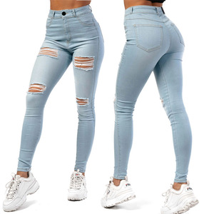 Jeans de mezclilla elásticos de cintura alta para mujer, estilo Y2K, transpirables, elegantes, bonitos, hip hop, desgastados, azules, con <span class=keywords><strong>rotos</strong></span>, ajustados, venta al por mayor OEM - Product Image 1